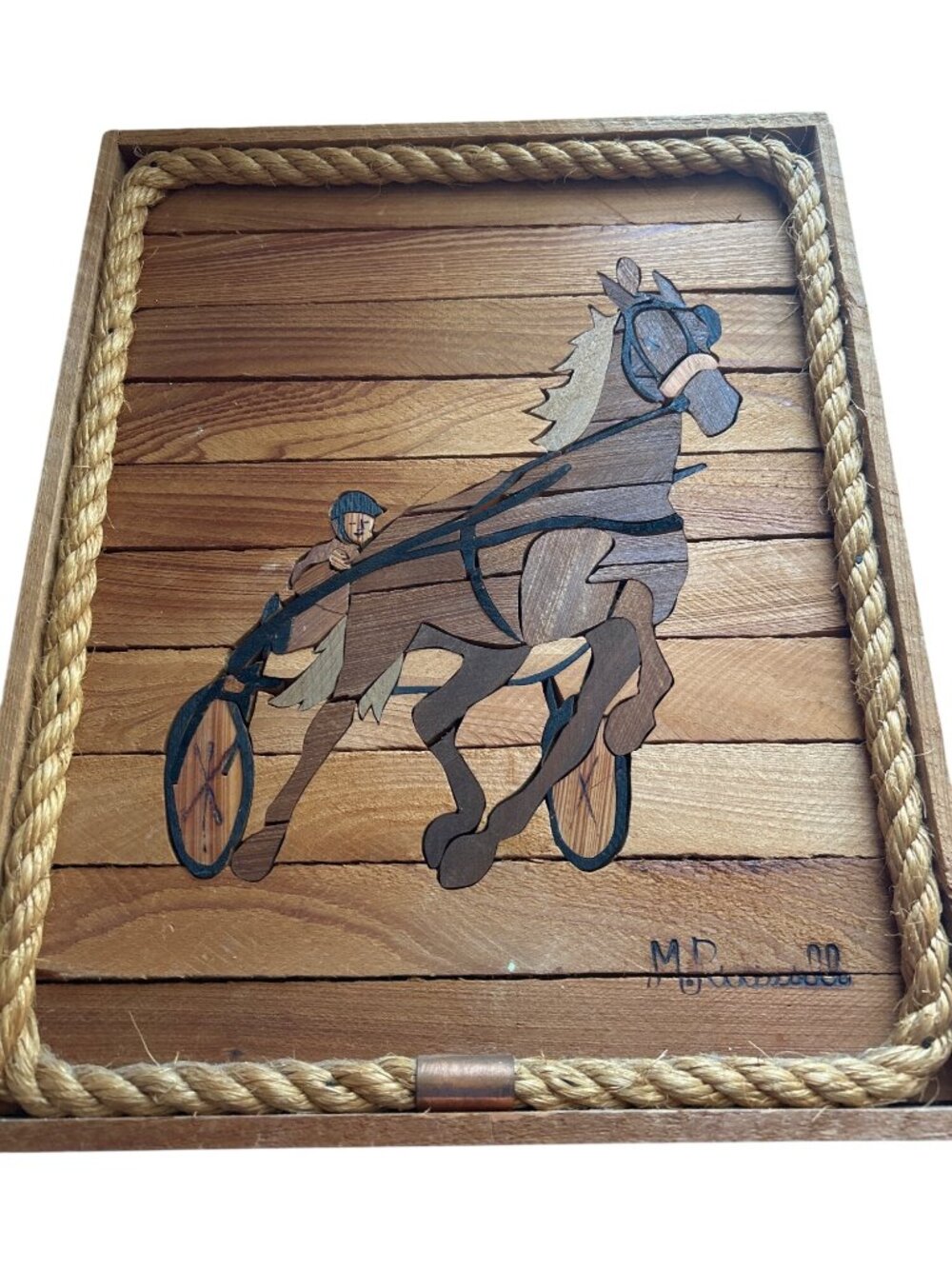 Horse Racing Wooden Inlay Wall Art Rope Frame Signed M.Russell Rustic Decor - Picture 8 of 8